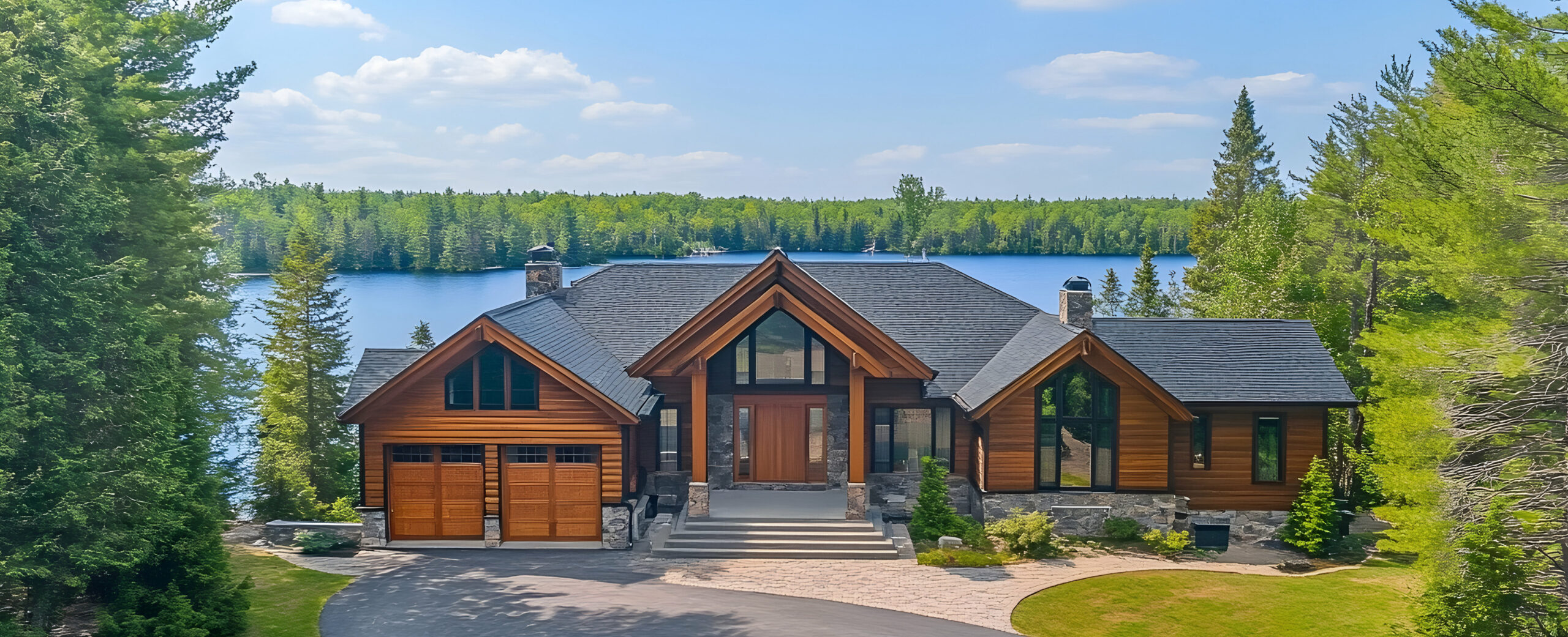 Minnesota lakefront lodge with pristine forest surroundings and private dock, contemporary north woods estate on Lake Superior